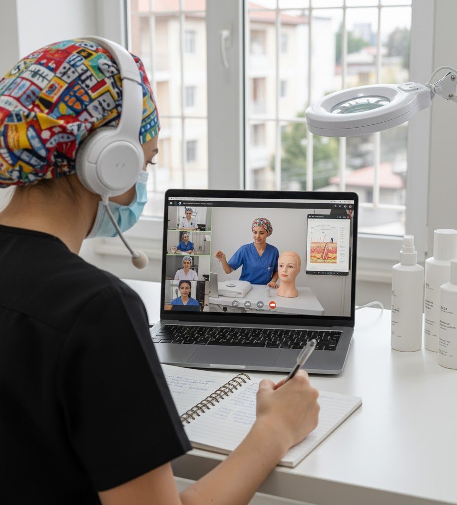 Estudiante de Iderma realizando curso técnico de estética virtual desde casa, asistiendo a clase en vivo con su instructora.